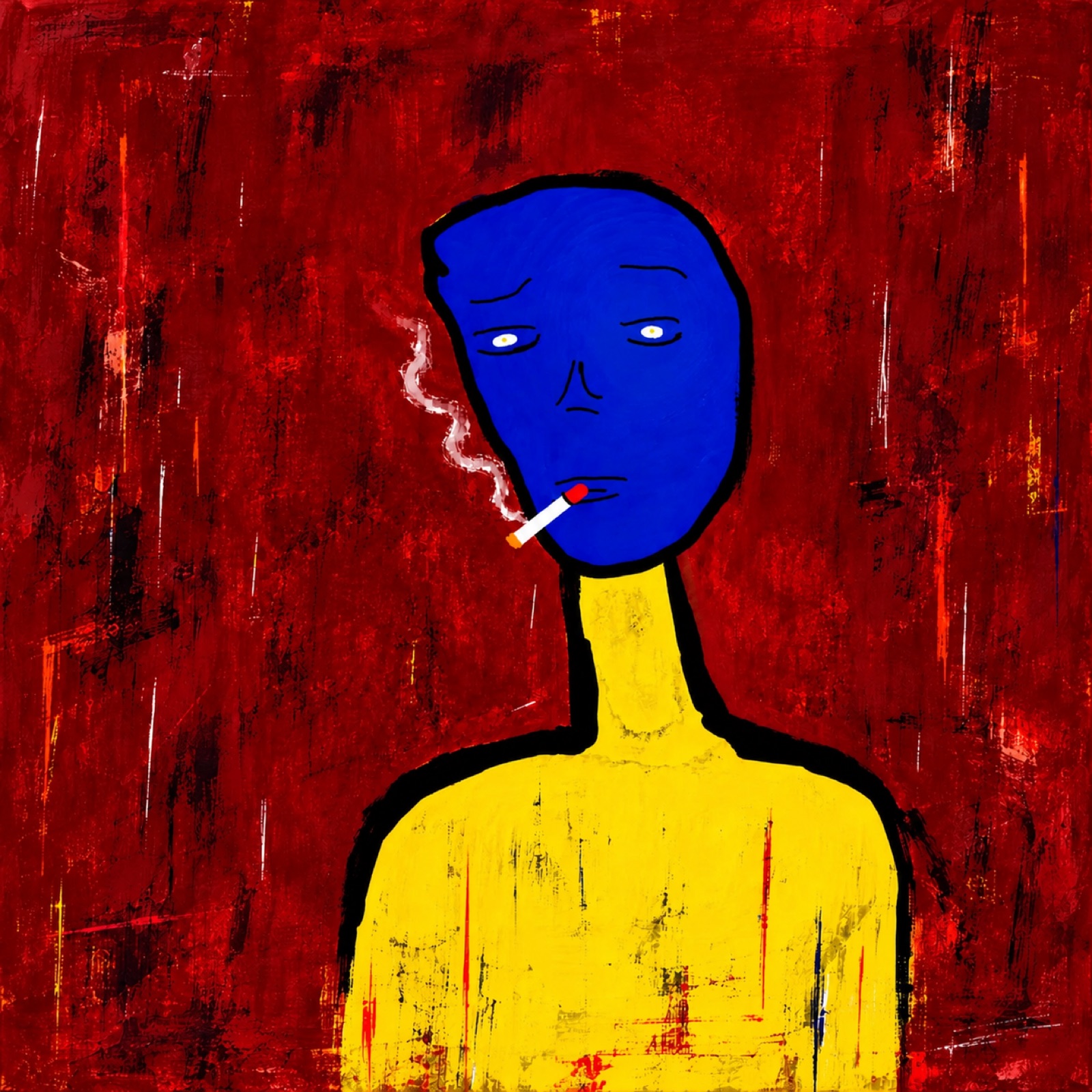 Blue-faced figure against a rough crimson background